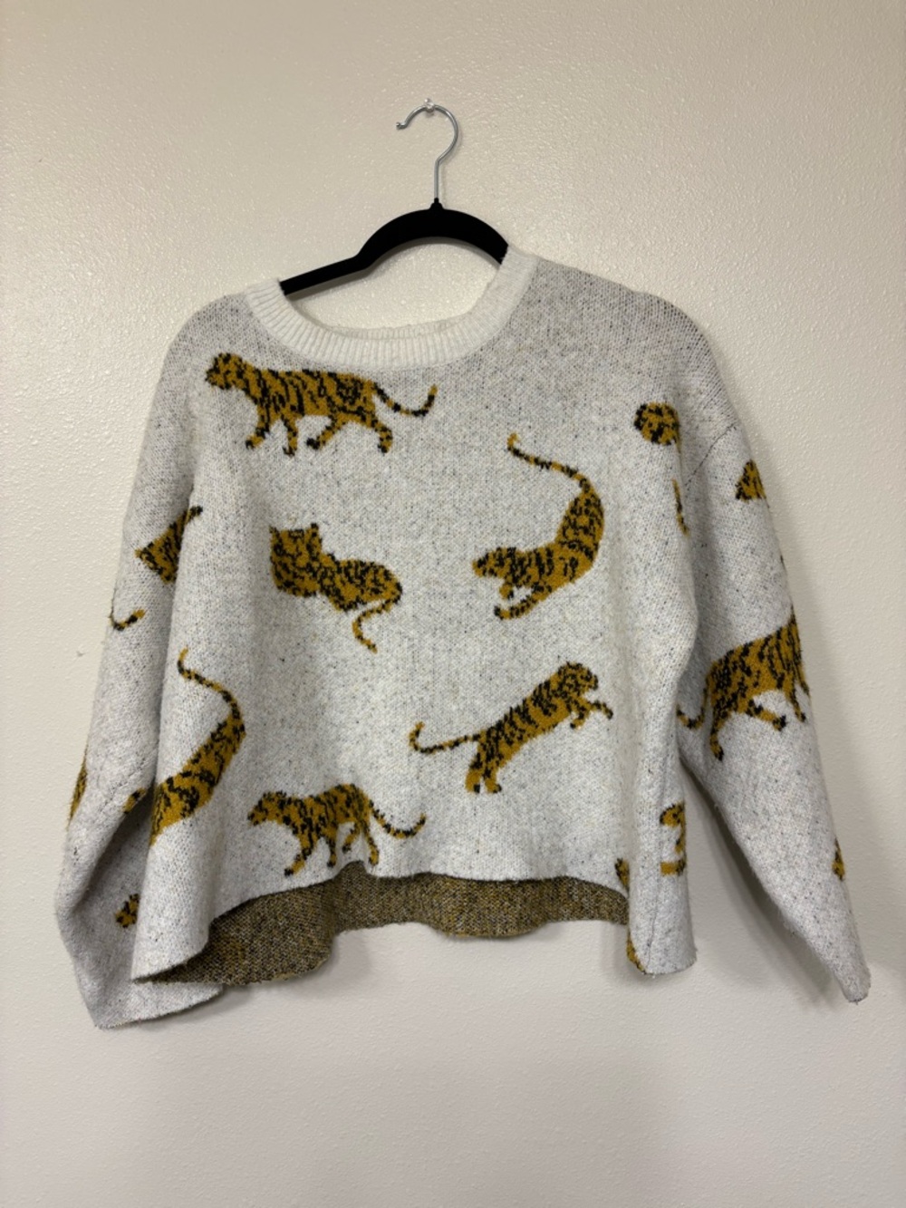 Tiger Print Crewneck Sweater - White & Mustard